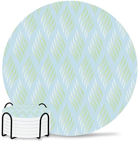 Coasters for Drinks Set of 6 with Holder Abstract Leaves Lines Geometric Natural Patterns Ombre Green Ceramic Cup Mat Absorbent Ceramic Stone Coasters with Cork Base for Coffee Cups Table Home 4in by Daleng