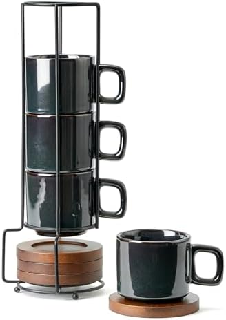 LUKA Porcelain Stackable Espresso Cups with Saucers and Metal Stand, 4 Ounce Small Ceramic Demitasse Cups Set for Latte, Specialty Coffee Drinks, Cafe Mocha,Tea - Set of 4, Kiln Tide Glaze by LUKA