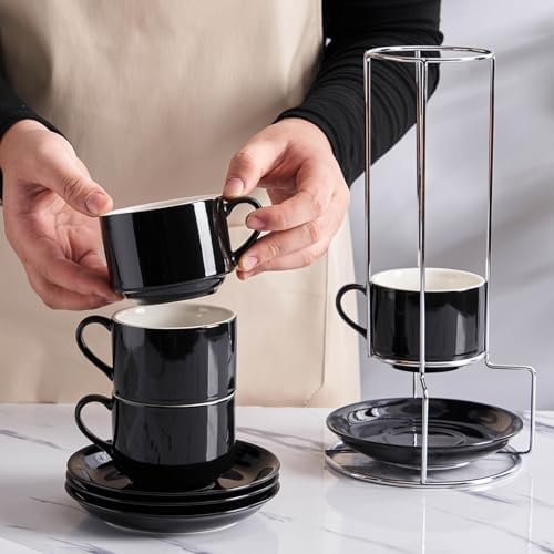 8 Ounce Stackable Cappuccino Cups with Saucers and Metal Stand - Image 5
