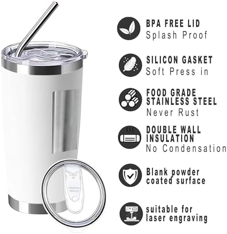 20oz insulted tumblers stainless steel cup Tumbler Bulk with push Lid, and metal straw powder coated coffee cup for cold and hot drinking (12, white) - Image 3