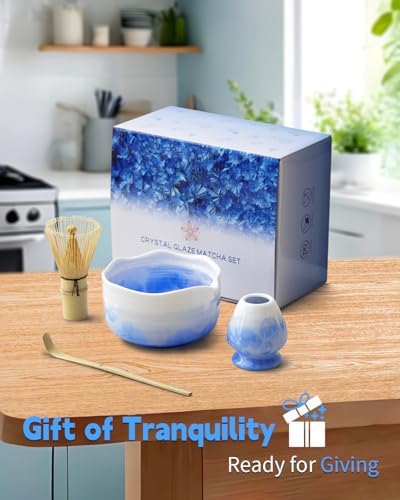 Natural Crystal Flower Matcha Set - 4 Pcs Food Grade Matcha Kit with Spouted Bowl, Matcha Whisk, Scoop and Chasen Holder - Matcha Tea Ceremony Gift for Matcha Lovers (Mist Azure) - Image 6