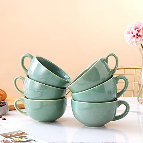 Coffeezone Set of 6 Cups Vintage Design 12 oz Professional Barista Ceramic Latte Art Cappuccino Cups Set (Green * 6) - Image 5