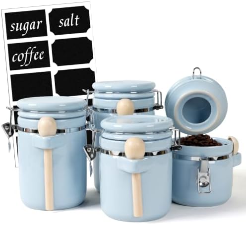 4 Piece Airtight Ceramic Canister Set With Attached Wooden Spoon Reusable Chalk Labels For Dry Goods Sugar Coffee Tea Kitchen Storage Use (LightBlue) by TryitBuyitYoulllikeit