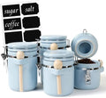 4 Piece Airtight Ceramic Canister Set With Attached Wooden Spoon Reusable Chalk Labels For Dry Goods Sugar Coffee Tea Kitchen Storage Use (LightBlue) by TryitBuyitYoulllikeit