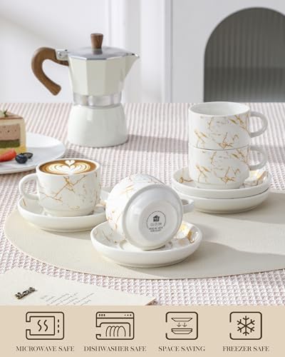 MALACASA 4 OZ Porcelain Espresso Cups with Saucers and Metal Stand Set of 4, Stackable Cappuccino Cups, Marble White Expresso Shots Cup Set for Coffee Drinks, Latte, Tea - Image 4