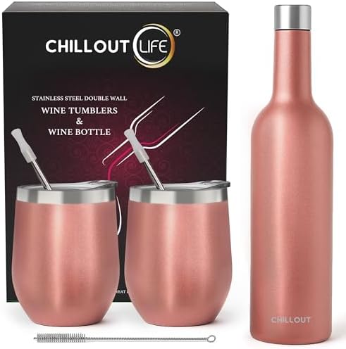 CHILLOUT LIFE 12 oz Stainless Steel Wine Tumblers 2 Pack & 1 Insulated Wine Bottle - Double Wall Vacuum Insulated Wine Glasses Cups with Lids and Straws Set Keeping Cold & Hot Gift Set - Rose Gold by CHILLOUTLIFE