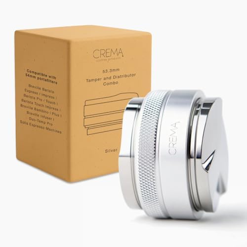 CREMA Coffee Products 53.3mm Hand Tamper & Coffee Distributor | Compatible with Breville Portafilters | Double-Sided, Adjustable Depth Tool | Made with Durable 304 Stainless Steel | Silver by CremaCoffeeProducts