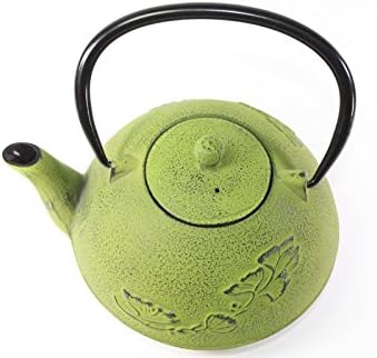 Japanese Antique 24 fl oz Green Ginkgo Leaf Cast Iron Teapot Tetsubin with Infuser - Image 4