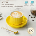 8 Ounce Cappuccino Cups Set of 4, Latte Mugs with Saucers and Spoons, Yellow Ceramic Coffee Mugs Tea Cups for Cappuccino Latte Mocha Au Lait Macchiato Cafe - Image 5