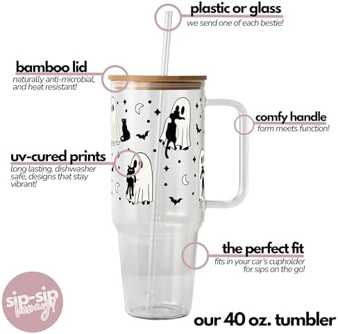 Sip-Sip Hooray! Ghost Holding Cats Halloween 40oz Glass Tumbler with Lid - Image 3