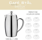 Bellux Thermal Wall Collection Premium 8-Cup (930ml) Cafetière, Hollow Handles, Drip-Free Spout, 18/10 Stainless Steel, Mirror Polished Finish - Image 6