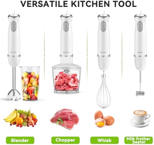 Immersion Blender Handheld 5 in 1 Hand Blender, 1000W Hand Mixer Stick, BPA-Free 12 Speed Handheld Blender with Mixing Beaker, Chopper, Whisk and Milk Frother for Soup, Sauce, Baby Food (White) - Image 3