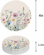 Coaster for Drinks 4 Pack,Watercolor Natural Blossom Floral Absorbent Round Ceramic Stone with Cork Base,Garden Flower on Linen Drink Coaster Cup Mats for Home Dining Coffee Tables - Image 4