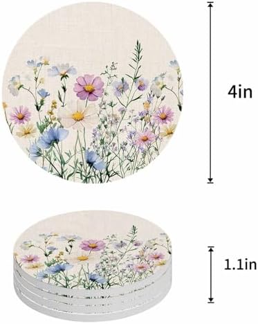Coaster for Drinks 4 Pack,Watercolor Natural Blossom Floral Absorbent Round Ceramic Stone with Cork Base,Garden Flower on Linen Drink Coaster Cup Mats for Home Dining Coffee Tables - Image 4