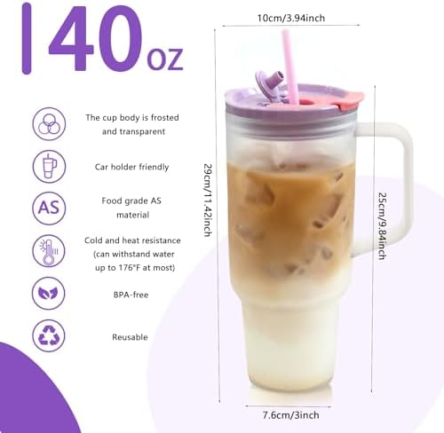 40oz Frosted Plastic Tumbler with Handle and Straw Lid, Reusable Large Iced Coffee Cup Travel Mug for Cold Drinks, Clear Acrylic Tumbler Cup for Smoothies, Tea, Juice, Office & Outdoor Use - Purple - Image 2