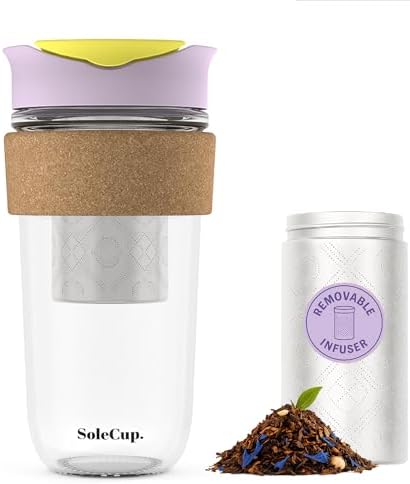 Large Travel Mug Loose Tea Infuser - Detachable Tea Strainer with Spill Proof Lid - 18oz/530ml BPA-Free Reusable Glass Travel Coffee Cup with Cork Band (Ice Cream, 18oz) by SoleCup