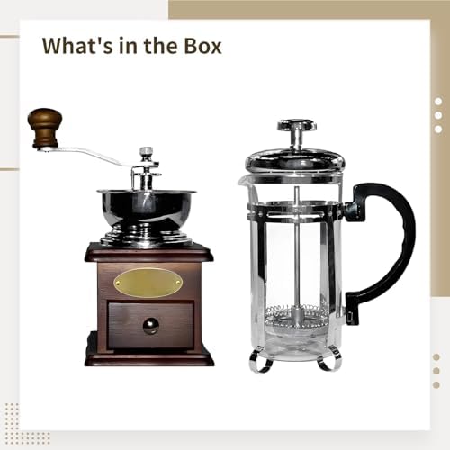 French Press Coffee Grinder Set, Metal and Wood Design, Burr Grinder and French Press for Smooth Coffee, Ergonomic Wooden Handles, Insulated Glass, Home and Camping Use, Coffee Table Decor, 7.9 x 5.1 - Image 6