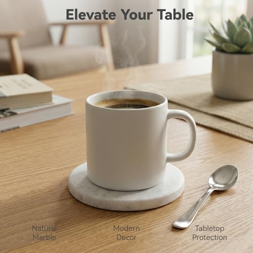 Pure White Marble Coasters Set of 6, Elegant ICY Crystal Coasters for Coffee Table, 4" Round Polished White Stone Coaster with Sparkling Texture – Heat Resistant, Non-Slip, Housewarming Gift - Image 2