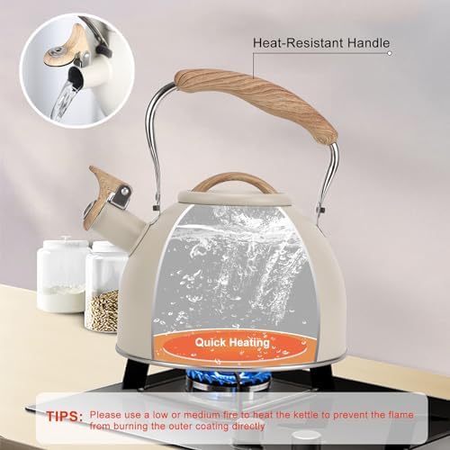 Tea Kettle, Vegoran 100 OZ / 3 Liter Whistling Tea Kettle, Tea Pots for Stove Top Food Grade Stainless Steel with Wood Pattern Folding Handle, Loud Whistle Kettle for Tea, Coffee, Milk (Milk White) - Image 4