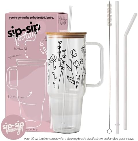 Sip-Sip Hooray! Wildflower 40oz Glass Tumbler with Lid and Straw, Floral Iced Coffee Cup, Cup Holder Compatible, Spring Flower Gift for Women - Image 5