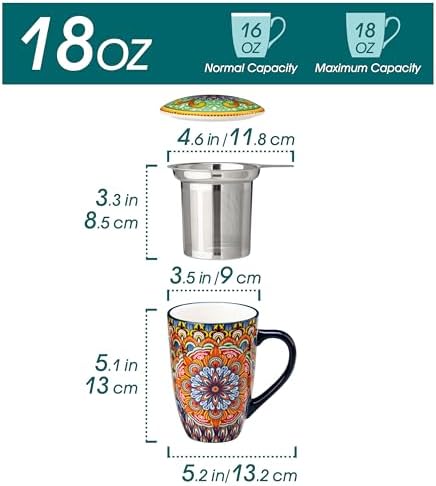 vancasso Ceramic Tea Mug with Infuser and Lid, 18 Ounce Bohemian Loose Leaf Cup, Microwave & Dishwasher Safe, Perfect for Tea, Coffee, Burnt-Cobalt Mandala - Image 2
