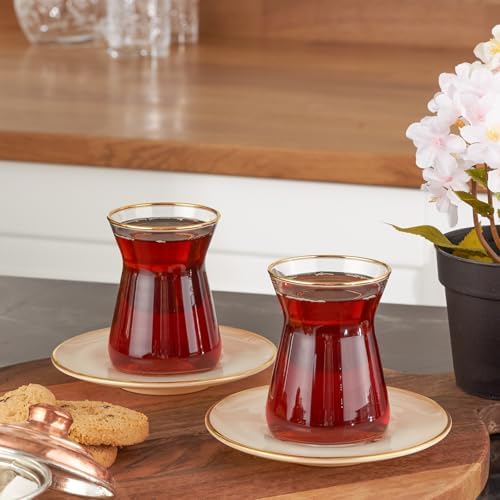 KARACA Retro Beige 6 Person Tea Set - 12 Piece Turkish Tea Cups and Saucers, Turkish Tea Glasses Set with Gold Decal Details - Image 4