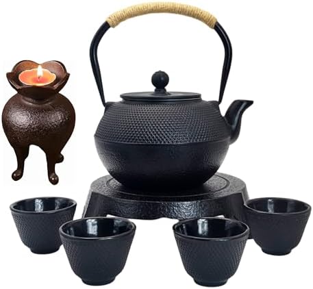 Home and Kitchen Japanese Style Cast Iron Teapot Set with Iron Teacups Set of 4, Cast Iron Candle Holder and Cast Iron Trivet for Kettle or Pots, Kitchen Counter Decor and Accessories, IronSet by SECHUDO