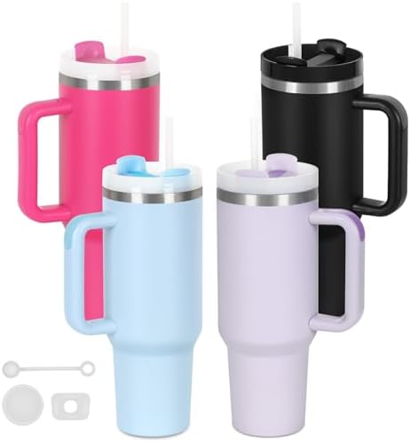 4 Pack 40 Oz Tumblers with Handle Bulk, Double Wall Vacuum Insulated Stainless Steel Tumblers with Lid and Straw, 40 oz Cups with Silicone Spill Proof Stopper Set (Black,Sky Blue,Purple,Hot Pink) by Temolulu