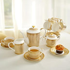 Luxury White & Gold Embossed Tea Cups and Saucers with Teapot, Sugar Bowl, & &Creamer, Vintage European Porcelain Coffee Set for Tea Party, Wedding, Gift (Gold, 17pcs/set) - Image 5