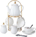 CLAY TONIC- 8 OZ Porcelain White Coffee/Teacup and Saucer Set with Holder by CLAY+TONIC