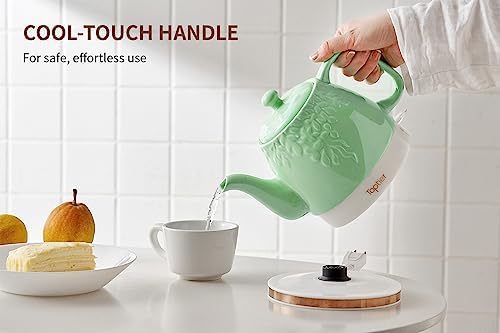 Toptier Electric Ceramic Tea Kettle, Boil Water Quickly and Easily, Detachable Swivel Base & Boil Dry Protection, Carefree Auto Shut Off, 1 L, Green Leaf - Image 3