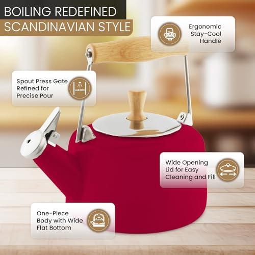 Chantal SVEN Enamel on Steel Whistling Teakettle with Natural Wood handle, 1.4 quarts, Apple Red - Image 2