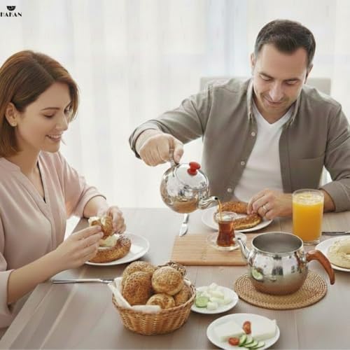 Hakan Teapot Set with Self Strainer Double Lids, Stainless Steel Mini Double Bondy Tea Pot Set, Turkish Samovar Style, Tea Kettle for Loose Leaf Tea with Bakelite Handle | 0.84 + 1.26 Qt. - Image 2