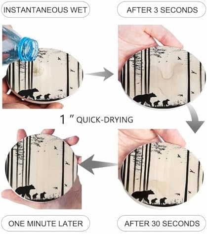 Coasters for Drinks Set of 6 with Holder Abstract Forest Walking Bear Bird Silhouette Natural Scenery Ceramic Cup Mat, Absorbent Ceramic Stone Coasters with Cork Base for Coffee Cups Home Decor 4 Inch - Image 6