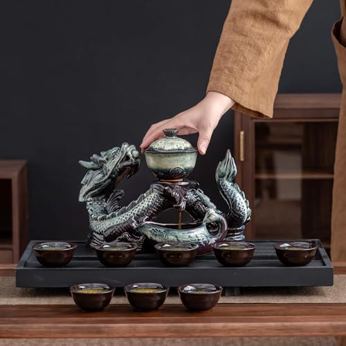 Ceramic Teapot with Infuser Semi Automatic Tea Set Magic Teapot with 8 cups Gradient Color (Gradient Dragon- A) - Image 2
