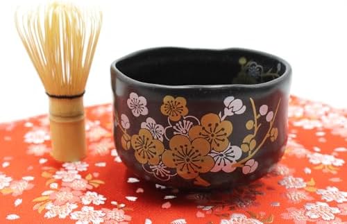 Japanese Traditional Mino Ware Handcrafted Mini Matcha Chawan Tea Bowl Cup Set With Chasen Bamboo Tea Whisk Ceremony Tableware Pottery (Tenmoku Ume) - Image 3