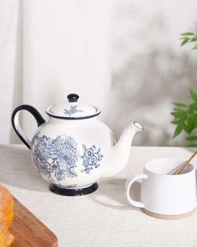 45 Ounce Tea Pot with Infuser, Ceramic Blue and White Teapot - Image 7