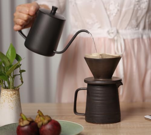 Stoneware Handmade Pour Over Coffee Maker Set, Ceramic Coffee Brewer Hand Drip Cone Dripper & Coffee Pot Microwaveable Decanter, Retro Metallic Glaze, 16oz - Image 3