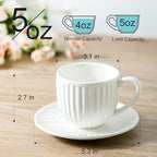 Ceramic Espresso Cups with Saucers 5 Oz,Set of 4 Porcelain Demitasse Cups Set,Small Coffee Cups with Handle for Coffee,Tea,Latte and Macchiato,Cappuccino Mugs for Kitchen and Cafe,White - Image 2