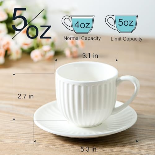 Ceramic Espresso Cups with Saucers 5 Oz,Set of 4 Porcelain Demitasse Cups Set,Small Coffee Cups with Handle for Coffee,Tea,Latte and Macchiato,Cappuccino Mugs for Kitchen and Cafe,White - Image 2