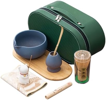 Matcha Whisk Set, Zen Travel Tea Ceremony Kit with Cat Figurine, Bamboo Whisk, Bowl, Incense & Portable Bag - 9-Piece Portable Matcha Set for Mindful Gifting & On-The-Go Rituals (P) by Unknown