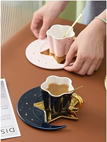 Ceramic Black Star Moon Coffee Cup And Saucer With Spoon Set Golden Handle Porcelain Mug Afternoon Tea Juice And Water Drinks Cup (black) (3213-D) - Image 6