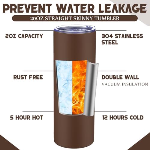 8 Pcs 20oz Insulated Stainless Steel Tumbler with Lid and Straw, Brown - Image 3