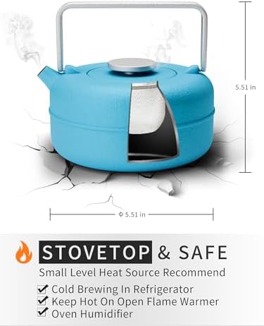 Toptier Teapot with Removable Infuser, Cast Iron Tea Kettle Stovetop Safe, Solid Geometry Cylinder Design Tea Pot Coated with Enameled Interior for 27 Ounce (800 ml), Blue - Image 3