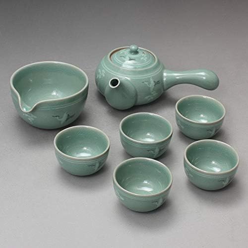 Korean Style Celadon Porcelain Crane Bird Cloud Design Tea Ceremony Complete Service Gift Set Ceramic Pottery 11.8 oz (350ml) Side Handle Tea Pot Cups Teapot Pitcher Bowl for Cooling Hot Water - Image 4