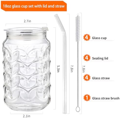 Jiuchen 4-Pack 18oz Borosilicate Glass Cups with Leakproof Lids & Straws,Multi-Use Tumblers for Office and Home - Iced Coffee, Smoothies, Cocktails, Juice, Iced Tea & Protein Shakes, Dishwasher Safe - Image 4