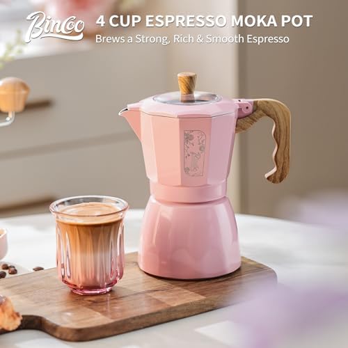 Bincoo Pink Espresso Maker Stovetop - Classic Aluminum Italian Coffee Maker,4 Cups Moka Pot for Italian and Cuban Café Brewing, Double Valve Extraction (Pink, 4 Cups) - Image 4