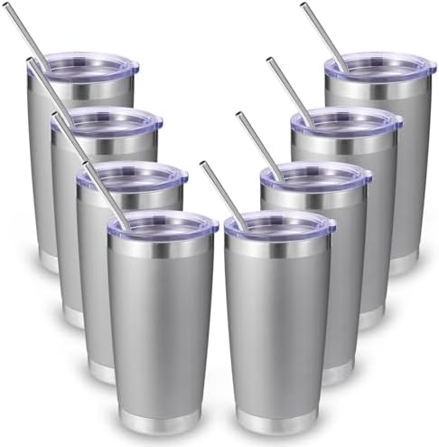 Volhoply 20oz Stainless Steel Tumbler with Lid and Straw Bulk 8 Pack,Double Wall Insulated Travel Iced Coffee Mug Fits Cup Holder,Powder Coated Cups for Hot/Cold Drinks,Gifts for Women（Gray,8 Set） by LiveFully%EF%BC%8CDrinkFreely%E2%80%94KeepGoingwithVolhoply%EF%BC%81