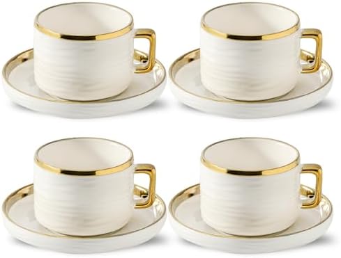 LETAOTAO Cappuccino Cups with Saucers, Coffee Mugs with Gold Trim Set of 4 by LETAOTAO