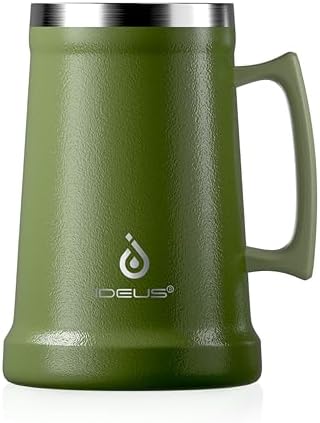 Ideus Insulated Beer Stein, 24/34oz Stainless Steel Double Walled Beer Mug Giant Bar Drinkware Metal Beer Cup with Big Grip Handle (Olive Green, 34oz (1,000ml)) by IDEUS